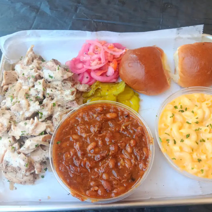 Alabama white sauce pulled chicken BBQ plate with sides available for online pickup and delivery from Hoodidya BBQ in Redlands, California