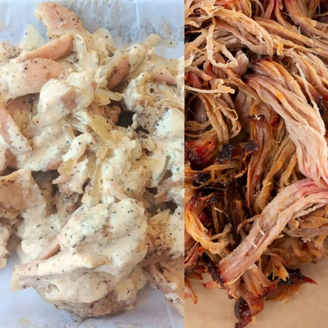 Wagon wheel BBQ platter with pulled pork, chicken, sides, and rolls available for online pickup and delivery from Hoodidya BBQ in Redlands, California