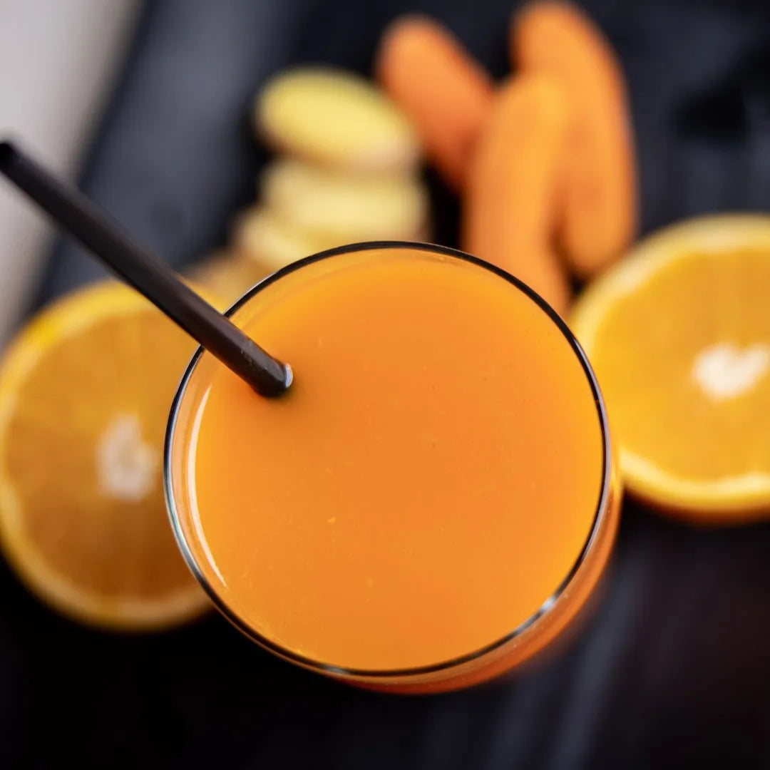 Turmeric Blast juice with orange, pineapple, and turmeric available for online pickup and delivery from Fresh Juiced Juice Bar in Redlands, California