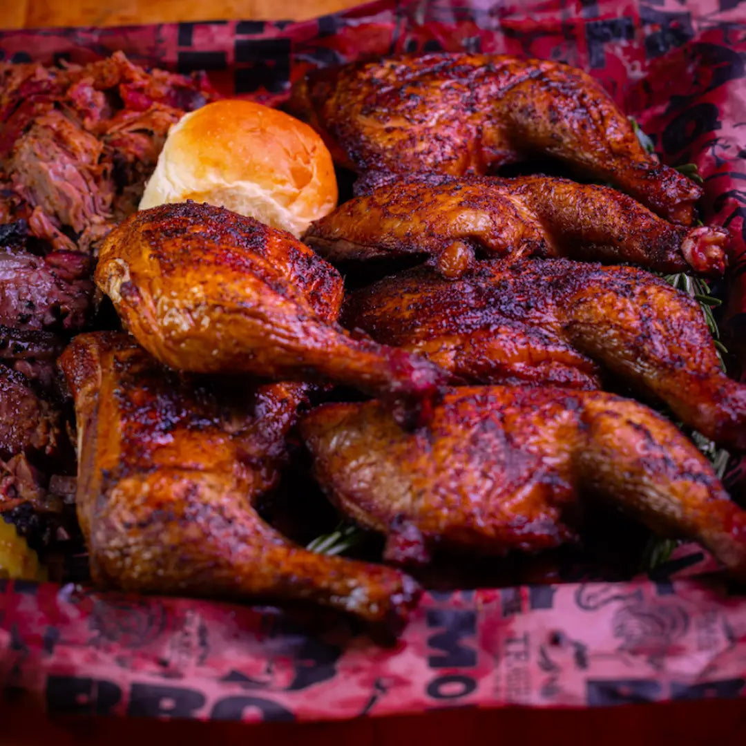 BBQ chicken plate with smoked chicken and sides available for online pickup and delivery from Hoodidya BBQ in Redlands, California