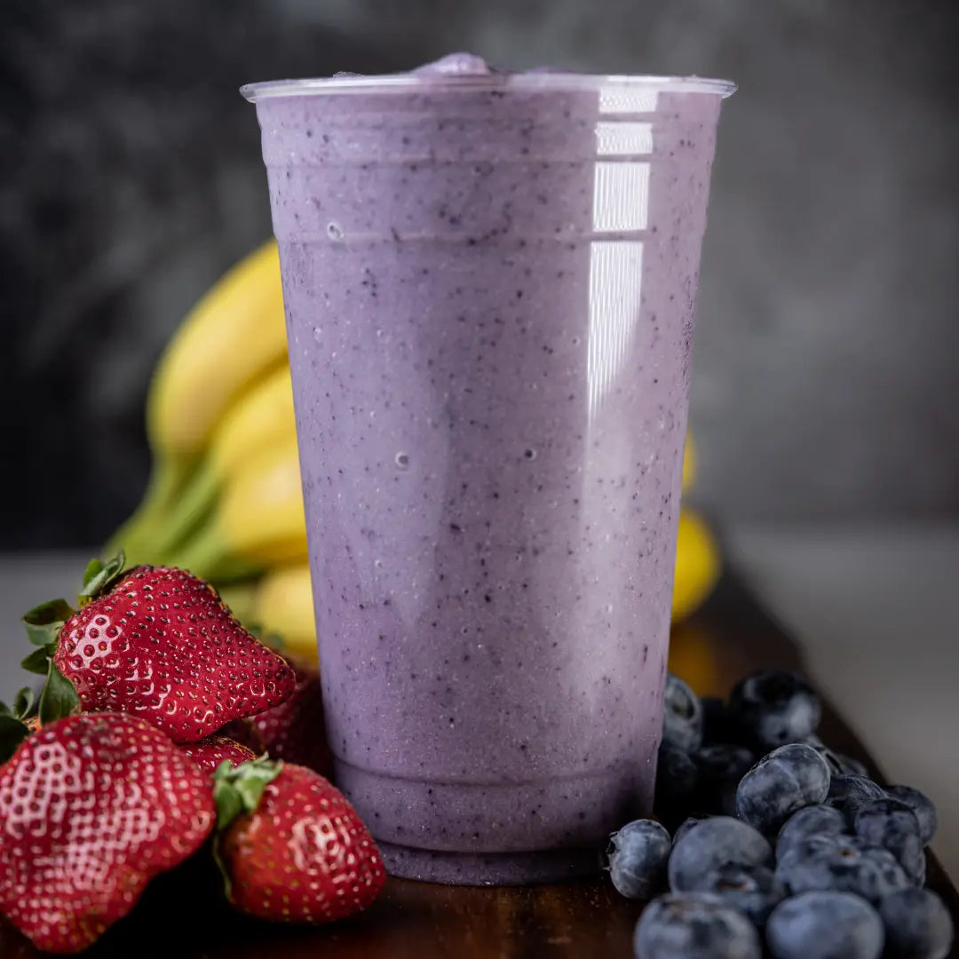Banana Berry Blast smoothie blended with banana and berries available for online pickup and delivery from Fresh Juiced Juice Bar in Redlands, California
