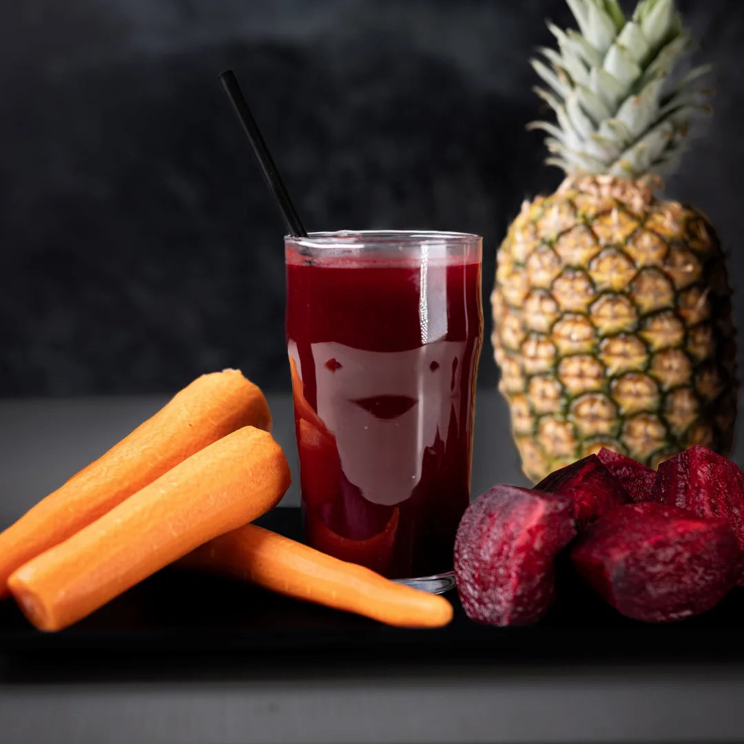 Beet The Heat juice with beets, carrots, and citrus available for online pickup and delivery from Fresh Juiced Juice Bar in Redlands, California
