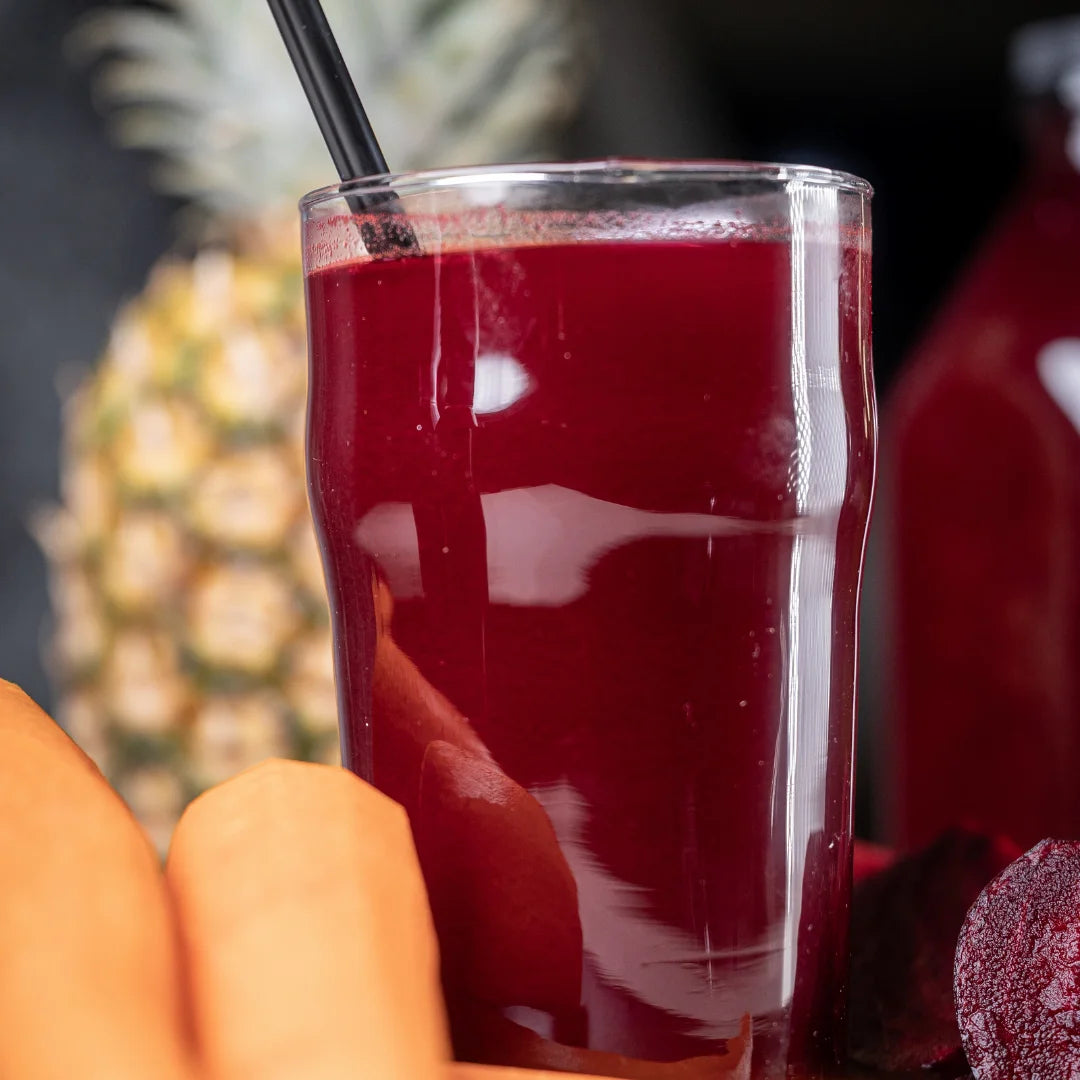 Fresh Beet The Heat juice blended with beets and fruit available for online pickup and delivery from Fresh Juiced Juice Bar in Redlands, California
