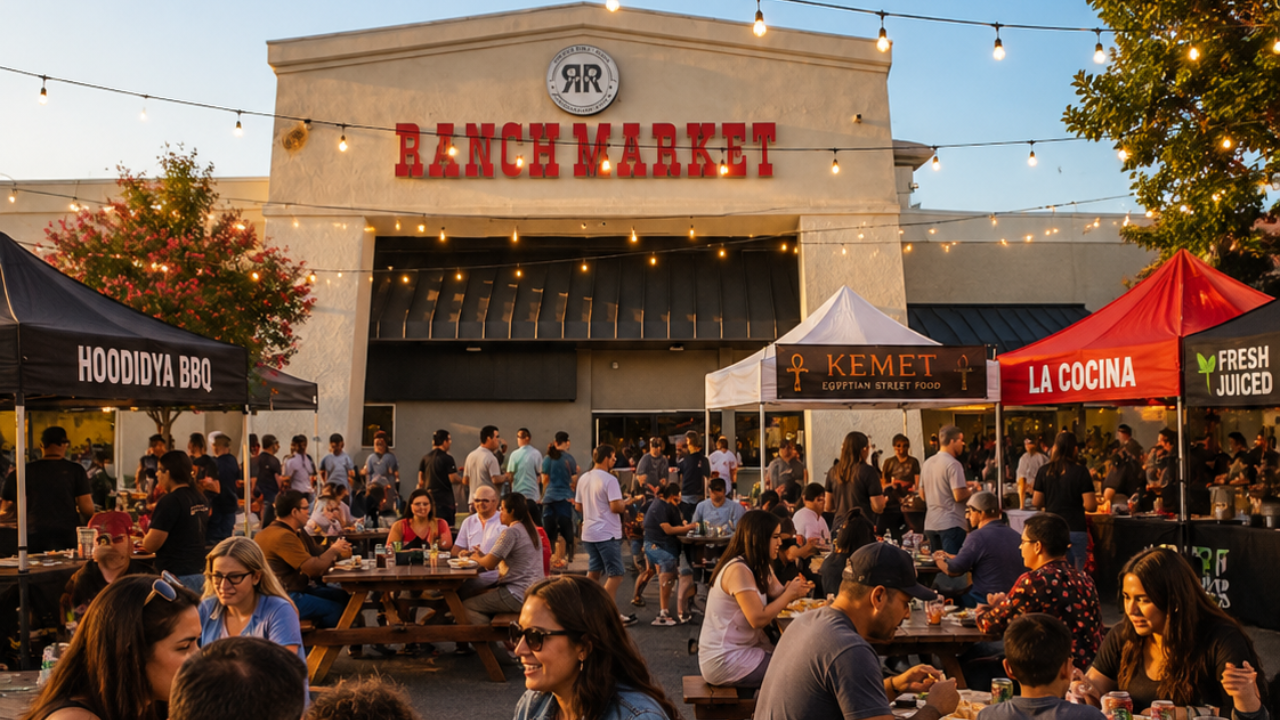Groups of people sitting at picnic benches enjoying each other and eating food in the parking lot of Redlands Ranch market. The grocery store is in the background. There are food tents set up around the people for them to enjoy food from the market. 