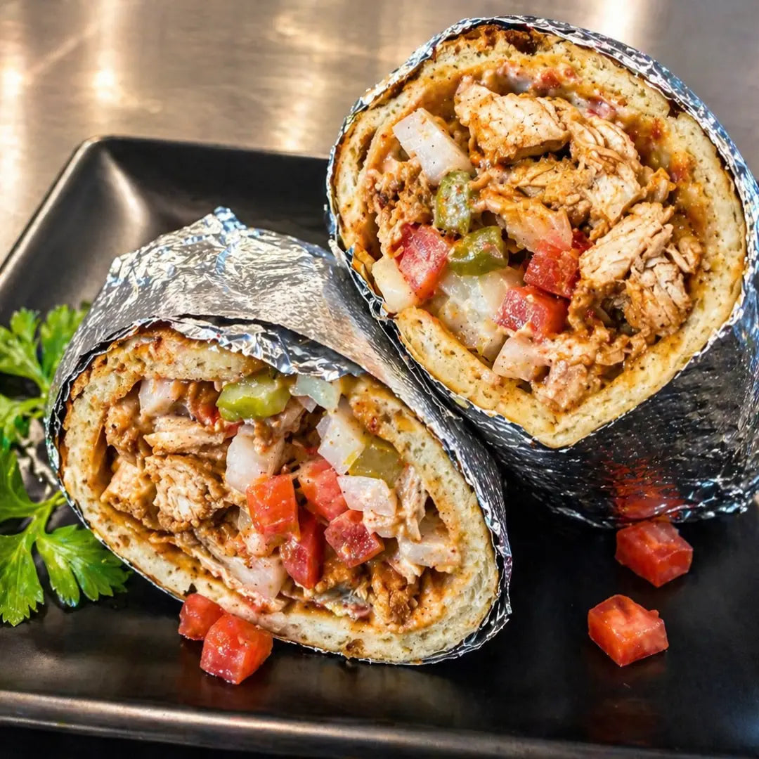Halal chicken shawarma sandwich with white sauce available for online pickup and delivery from Redlands Ranch Market in Redlands, California
