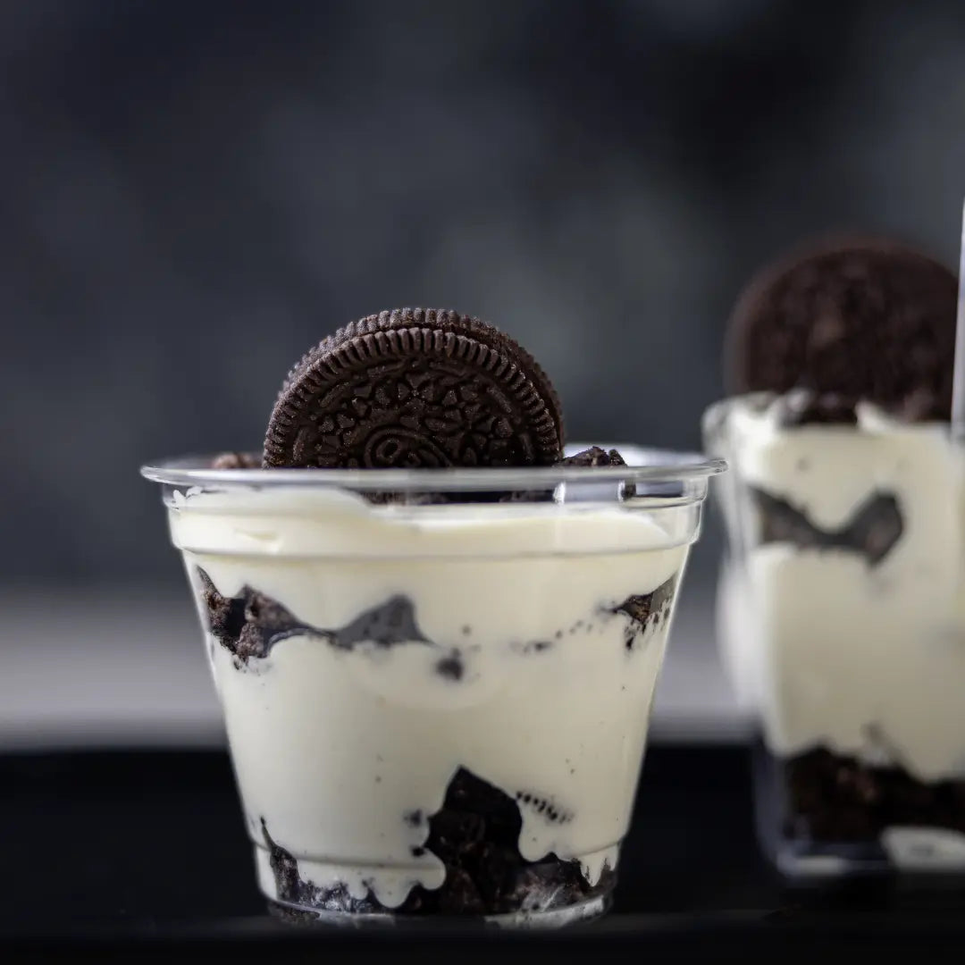 Creamy cookies and cream dessert cup with chocolate cookie topping available for online pickup and delivery from Fresh Juiced Juice Bar in Redlands, California

