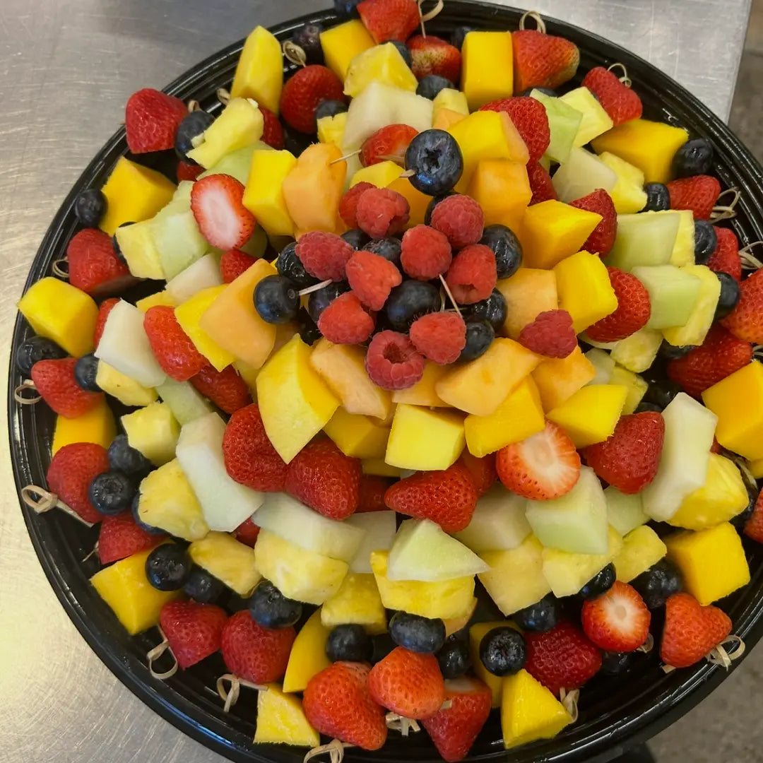 Fruit shish kabobs platter with fresh fruit skewers available for online pickup and delivery from Fresh Juiced Juice Bar in Redlands, California
