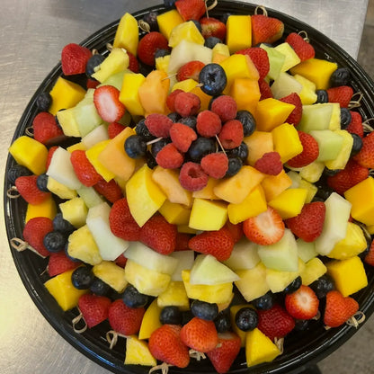 Fruit shish kabobs platter with fresh fruit skewers available for online pickup and delivery from Fresh Juiced Juice Bar in Redlands, California
