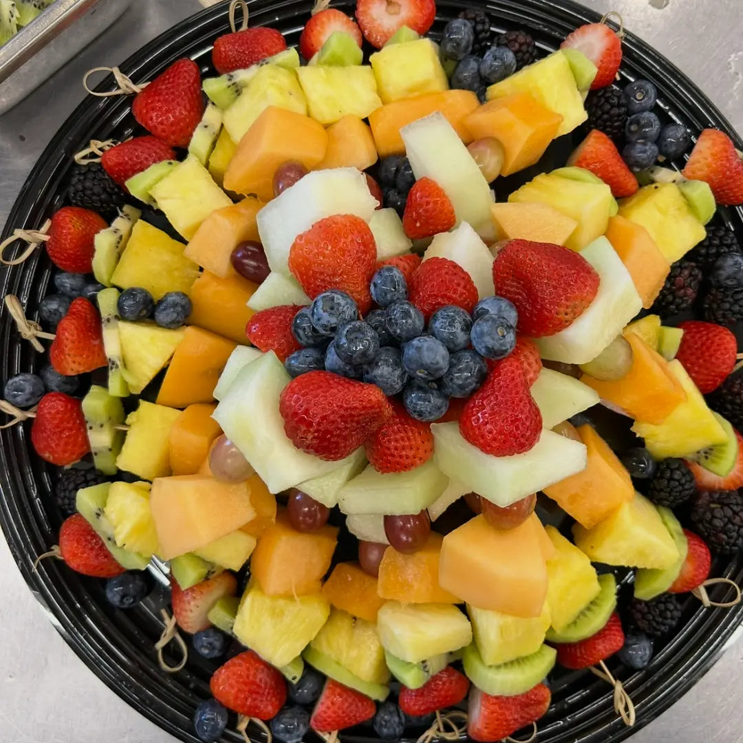 Fruit shish kabob platter with fresh fruit skewers available for online pickup and delivery from Fresh Juiced Juice Bar in Redlands, California
