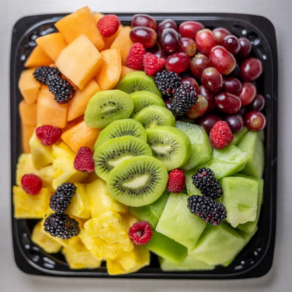 Fresh fruit tray with assorted cut fruit for gatherings available for online pickup and delivery from Fresh Juiced Juice Bar in Redlands, California
