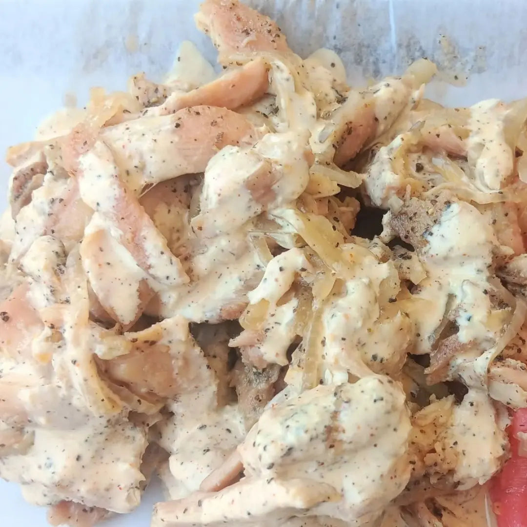Alabama white sauce pulled chicken by the pound available for online pickup and delivery from Hoodidya BBQ in Redlands, California