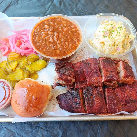BBQ rib tip plate with smoked rib tips and sides available for online pickup and delivery from Hoodidya BBQ in Redlands, California
