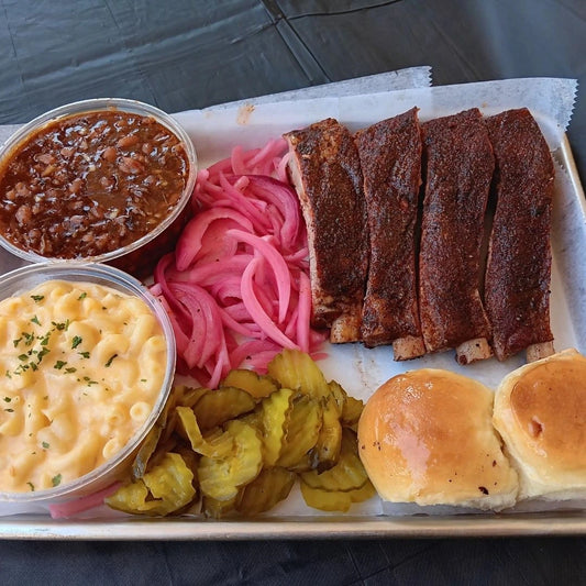 St. Louis style pork rib plate with smoked ribs and sides available for online pickup and delivery from Hoodidya BBQ in Redlands, California
