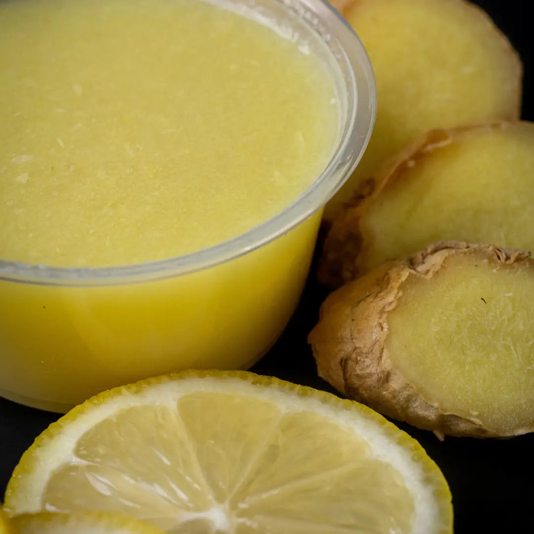 Fresh immunity wellness shot made with ginger and lemon available for online pickup and delivery from Fresh Juiced Juice Bar in Redlands, California
