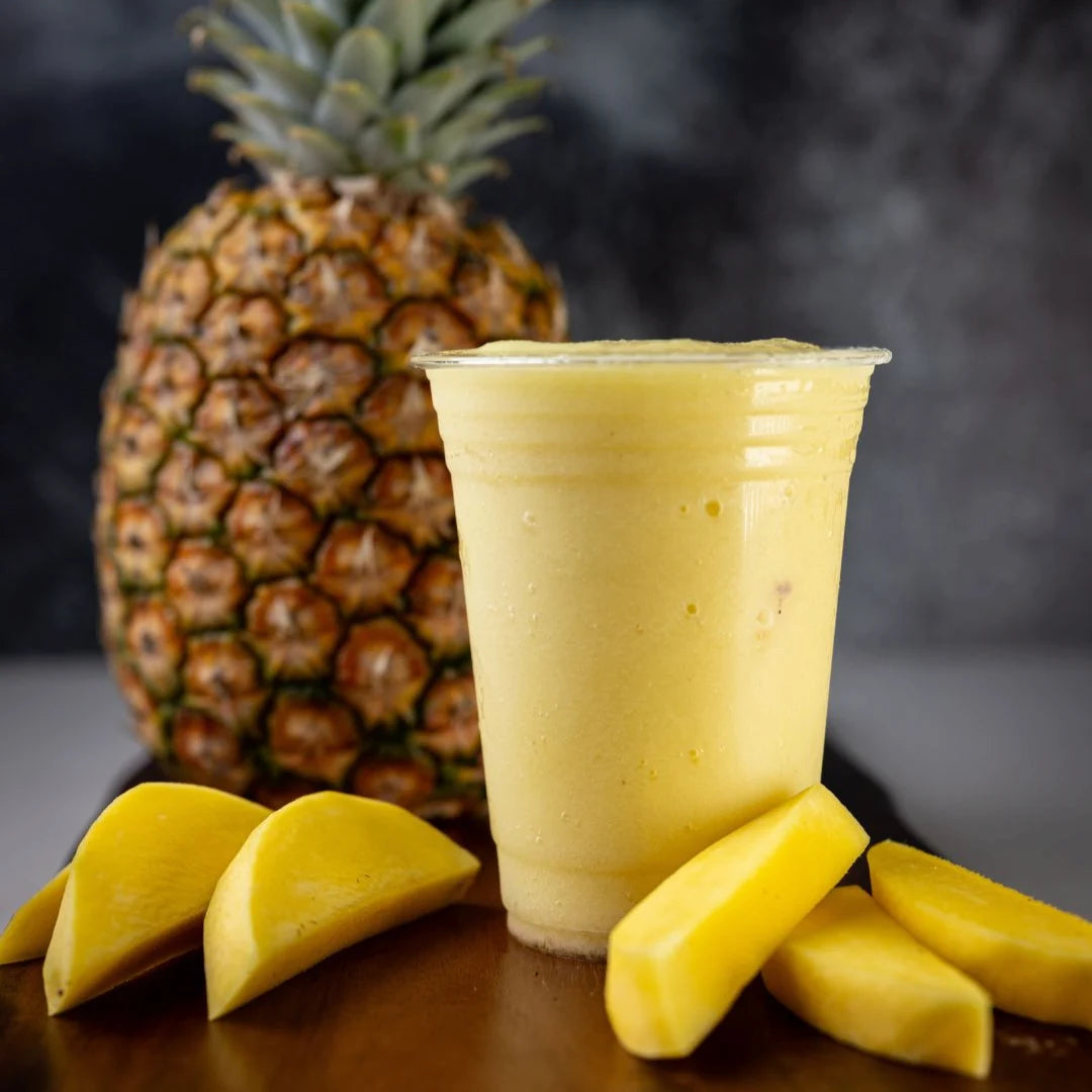 Mango and More smoothie blended with tropical fruit available for online pickup and delivery from Fresh Juiced Juice Bar in Redlands, California
