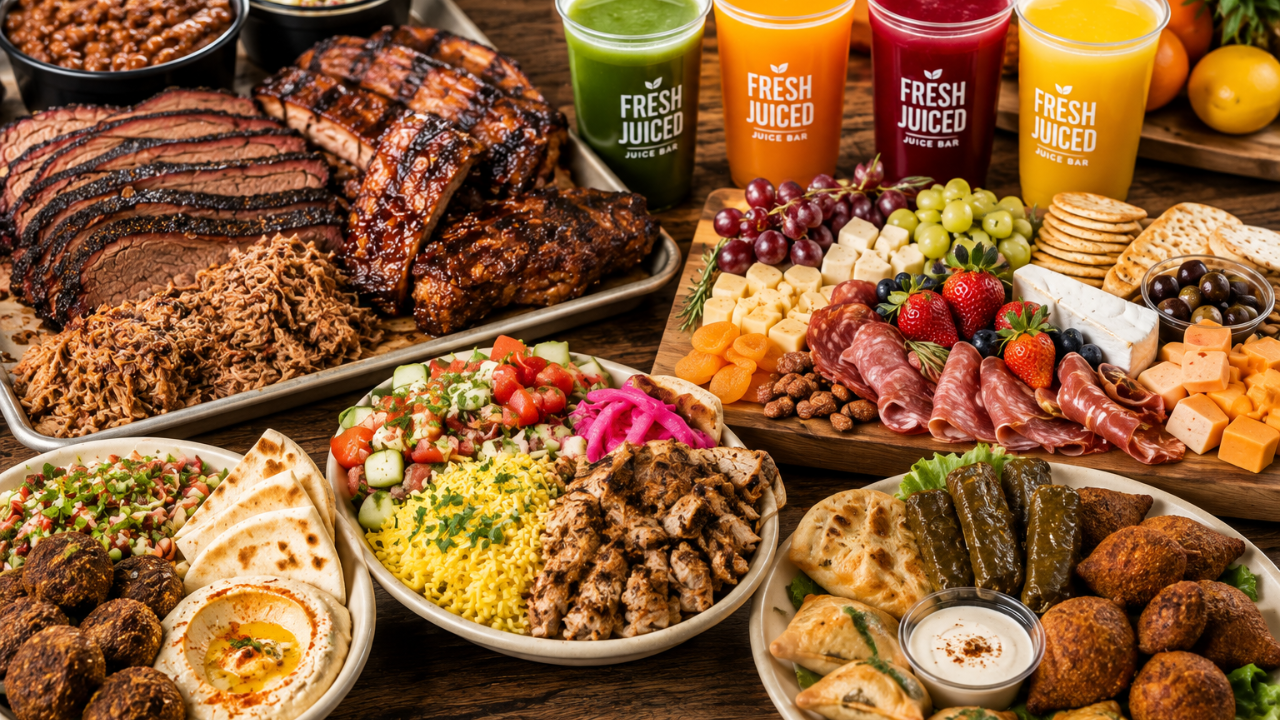 A large, colorful spread of prepared foods on a wooden table, including grilled meat, salads, cheeses, crackers, fruit, and three tall cups of juice with the Fresh Juiced logo. The scene is styled as a commercial food platter.
