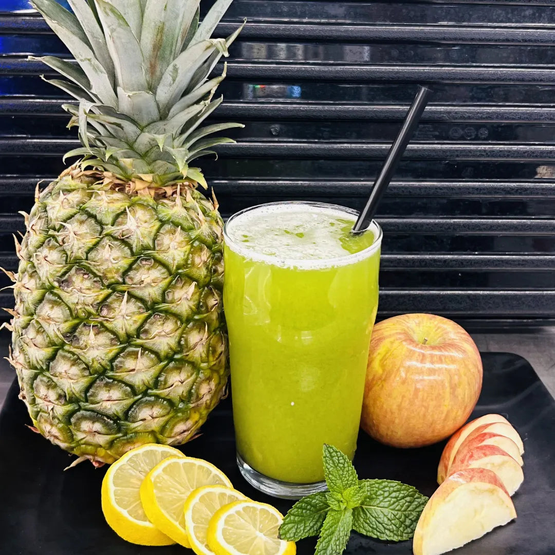 Pineapple Breeze juice with pineapple and mint available for online pickup and delivery from Fresh Juiced Juice Bar in Redlands, California
