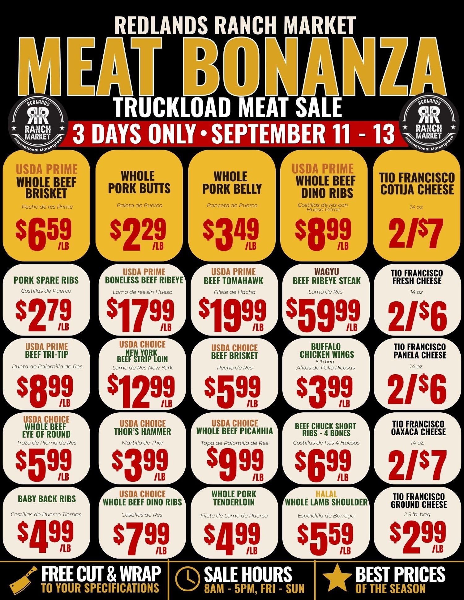 A promotional sales board for Redlands Ranch Market Meat Bonanza truckload meat sale, featuring large yellow title text, a red date-only banner, and a grid of meat cuts with prices and USDA/food pairing notes.