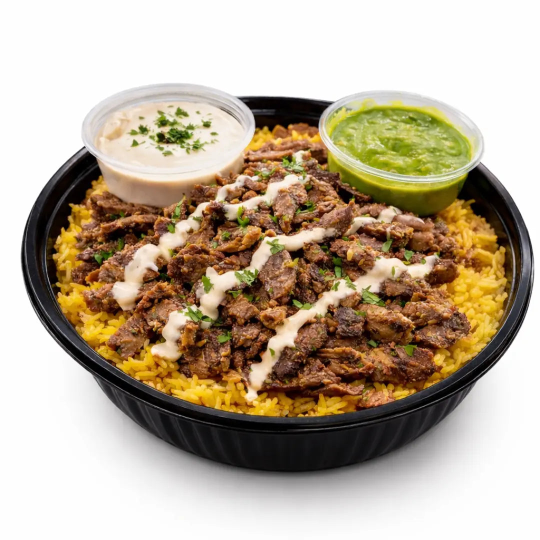 Halal rice bowl with choice of proteins and sauces available for online pickup and delivery from Redlands Ranch Market in Redlands, California
