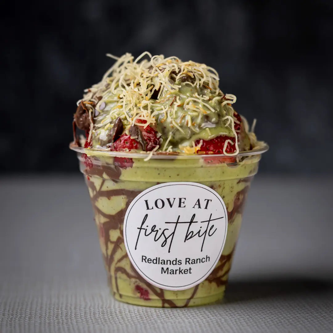 Strawberry Dubai cup with pistachio cream and chocolate available for online pickup and delivery from Fresh Juiced Juice Bar in Redlands, California
