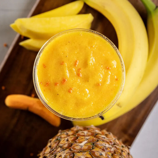 Turmeric Blast smoothie with tropical fruit and turmeric available for online pickup and delivery from Fresh Juiced Juice Bar in Redlands, California
