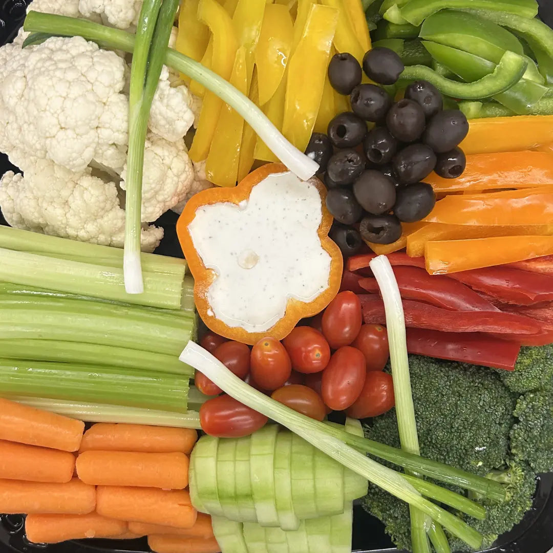 Fresh vegetable platter arranged for gatherings available for online pickup and delivery from Fresh Juiced Juice Bar in Redlands, California
