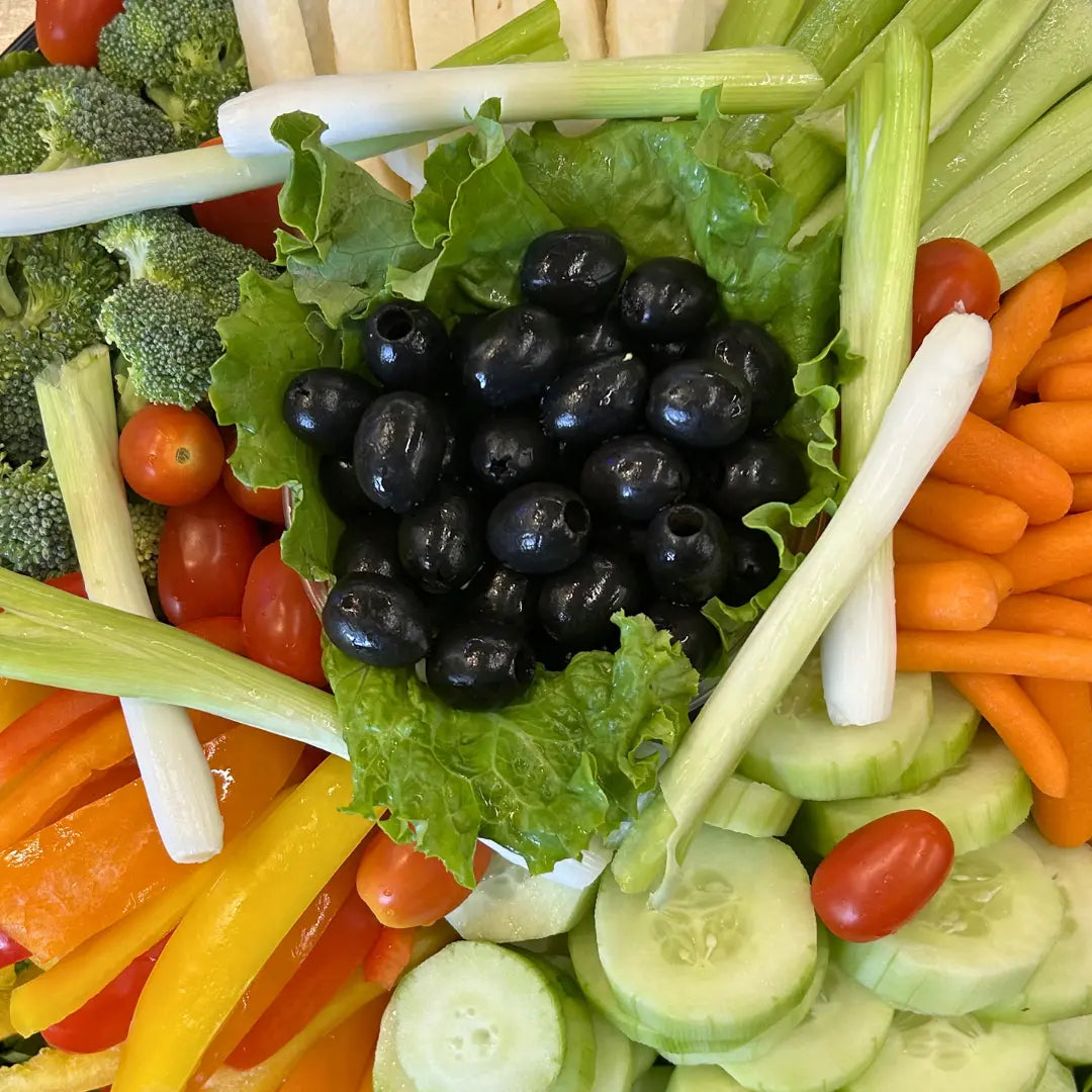 Fresh vegetable tray with assorted vegetables for parties available for online pickup and delivery from Fresh Juiced Juice Bar in Redlands, California
